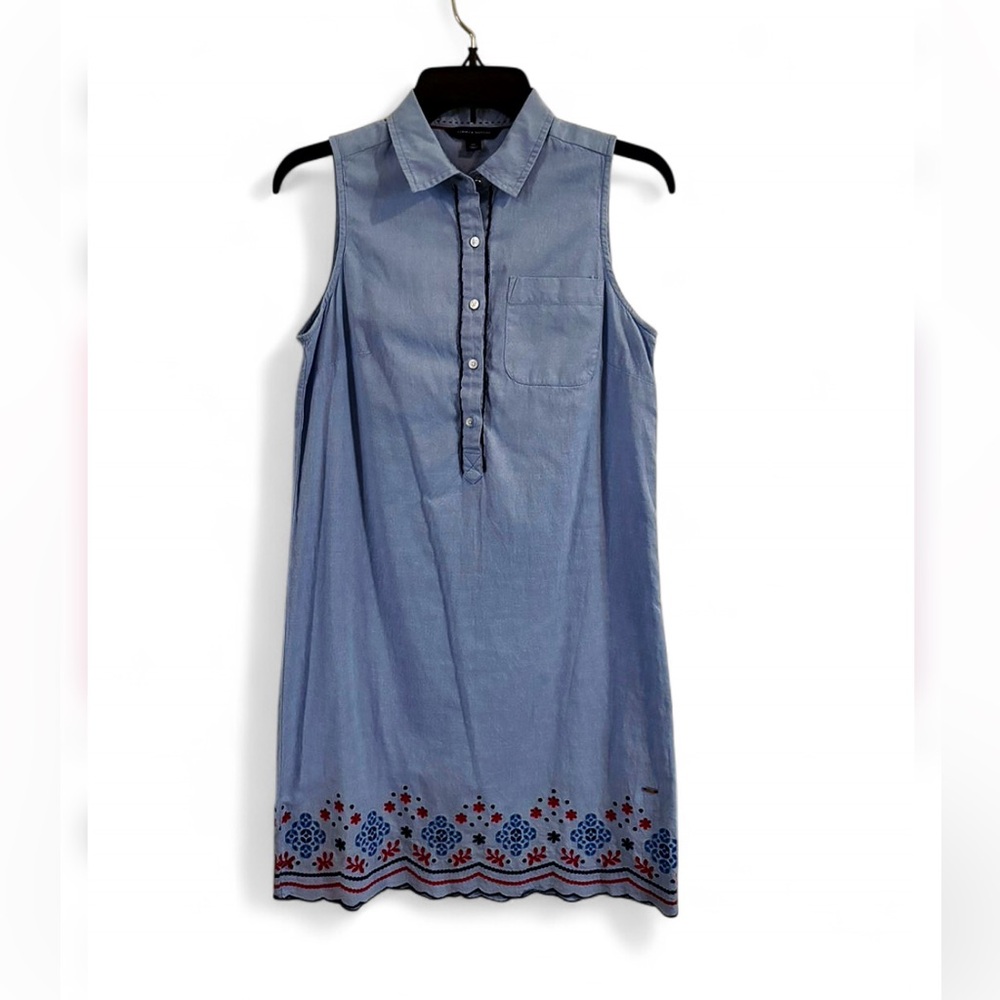 Tommy Hilfiger sz Small blue oxford cotton dress red embroidery Americana preppy